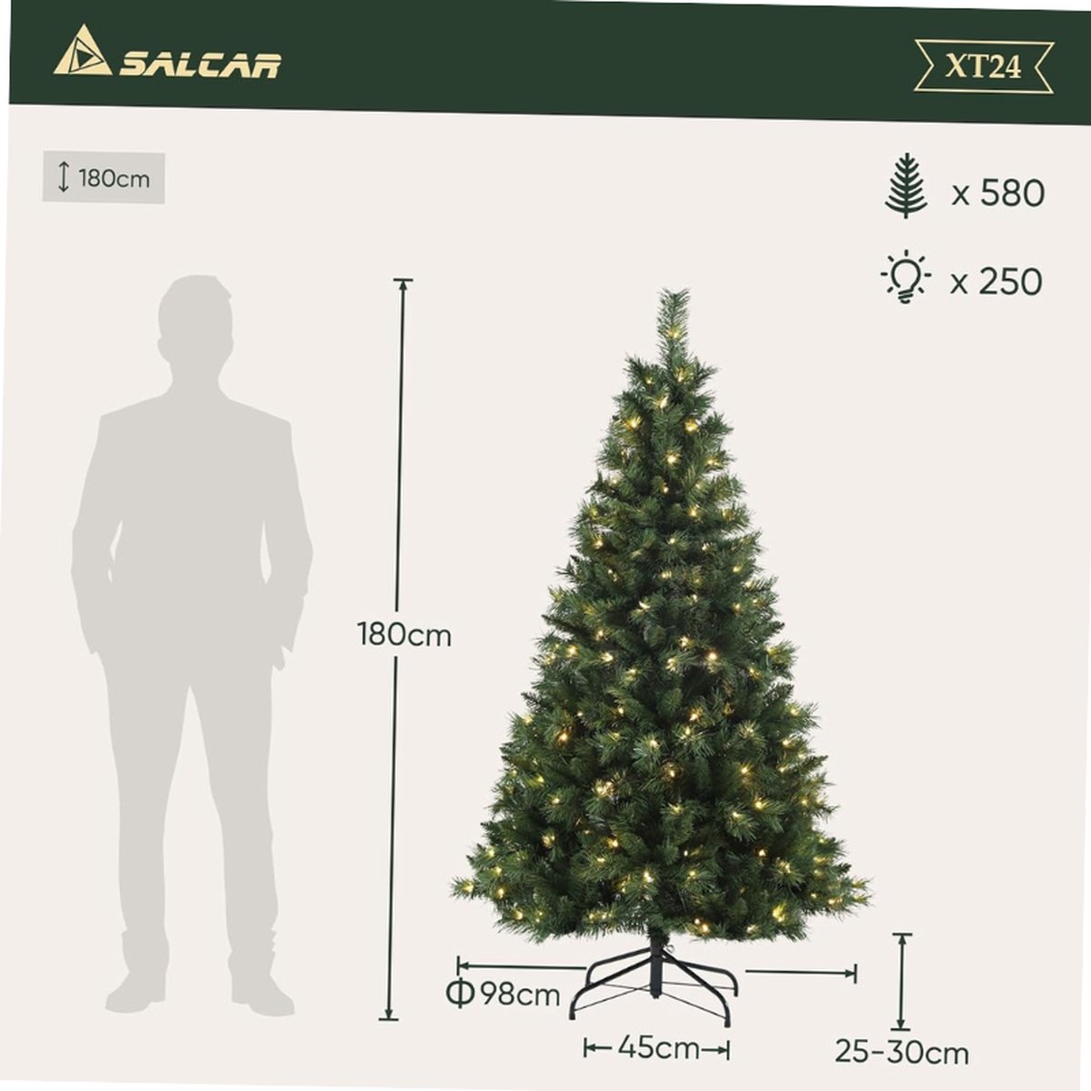 Kunstkerstboom 180 cm met LED verlichting en metalen standaard