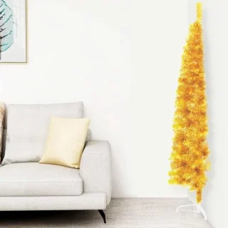 Kunstkerstboom 210 cm dun glad model met gouden standaard