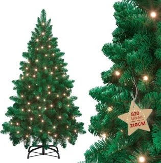 Kunstkerstboom 210 cm groen met warmwitte ledverlichting en metalen standaard