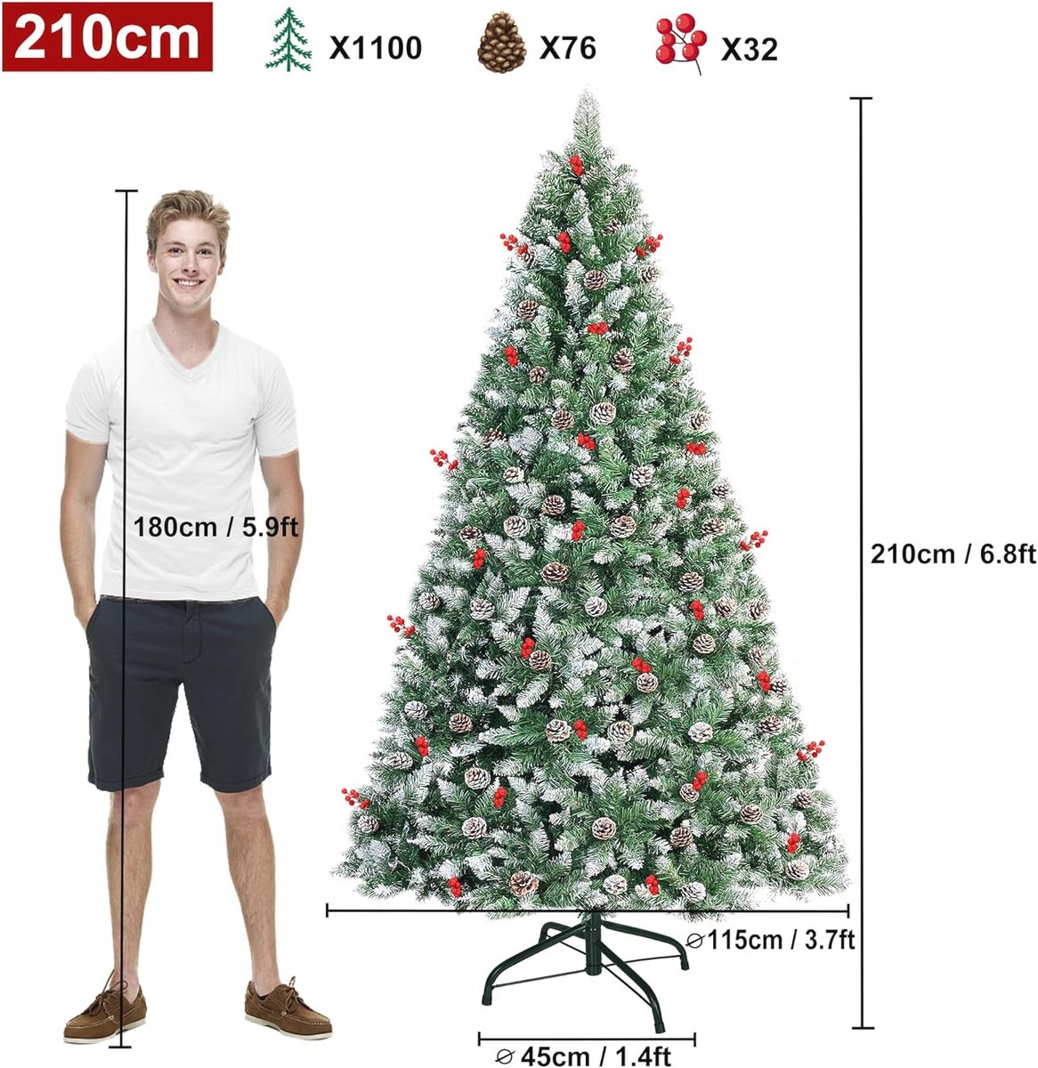 Kunstkerstboom 210 cm met dennenappels