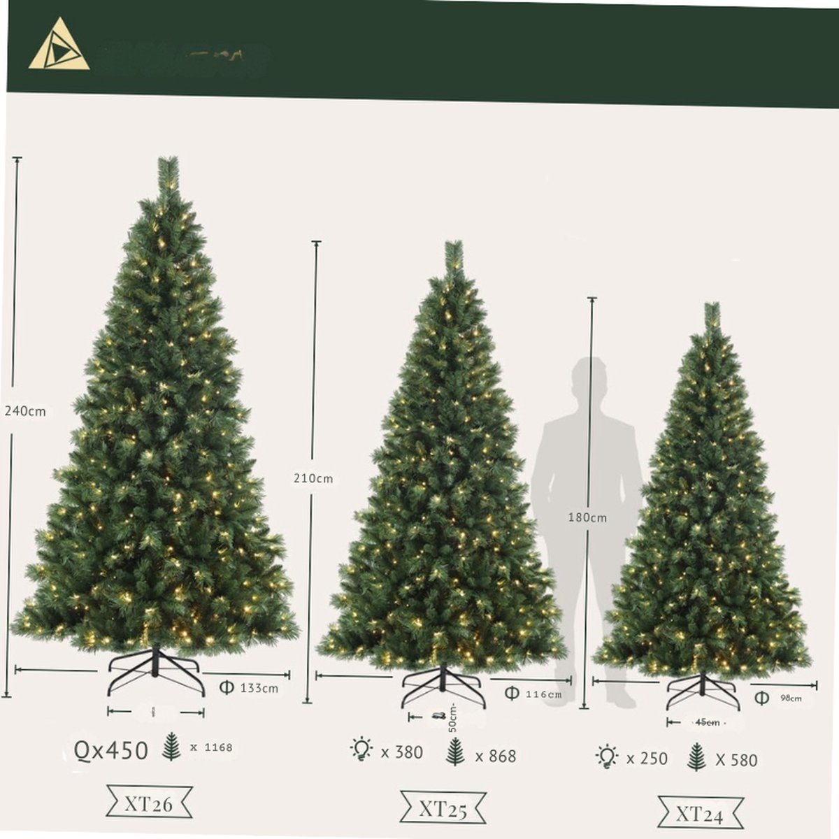 Kunstkerstboom 210 cm met LED verlichting en metalen standaard