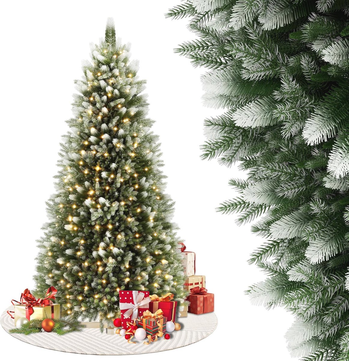 Kunstkerstboom 210 cm met verlichting en houten sokkel