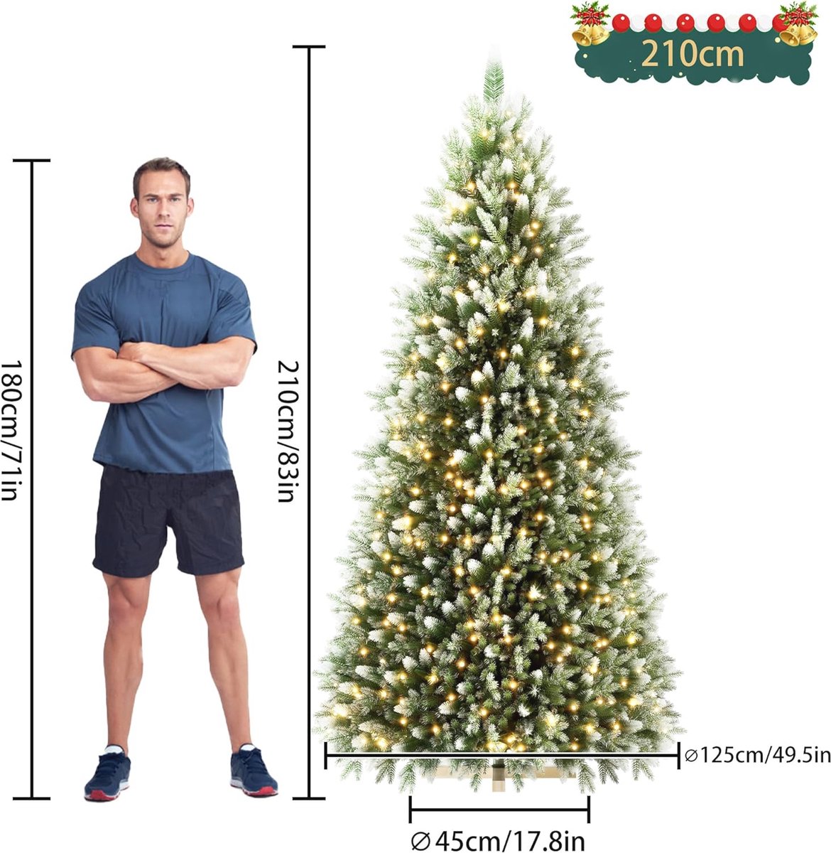 Kunstkerstboom 210 cm met verlichting en houten sokkel