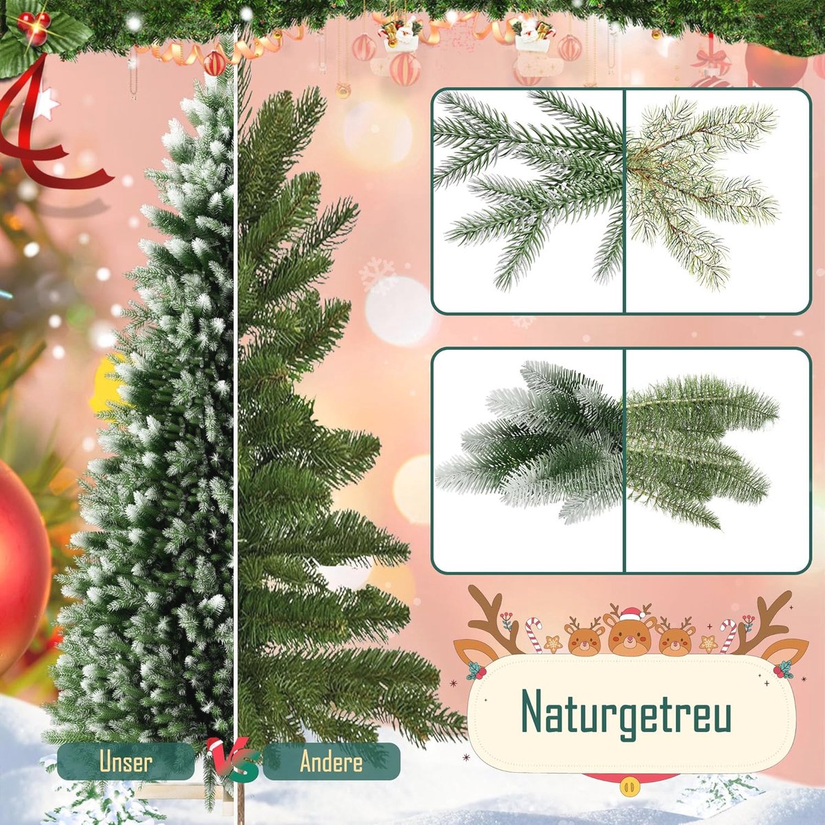 Kunstkerstboom 210 cm met verlichting en houten sokkel