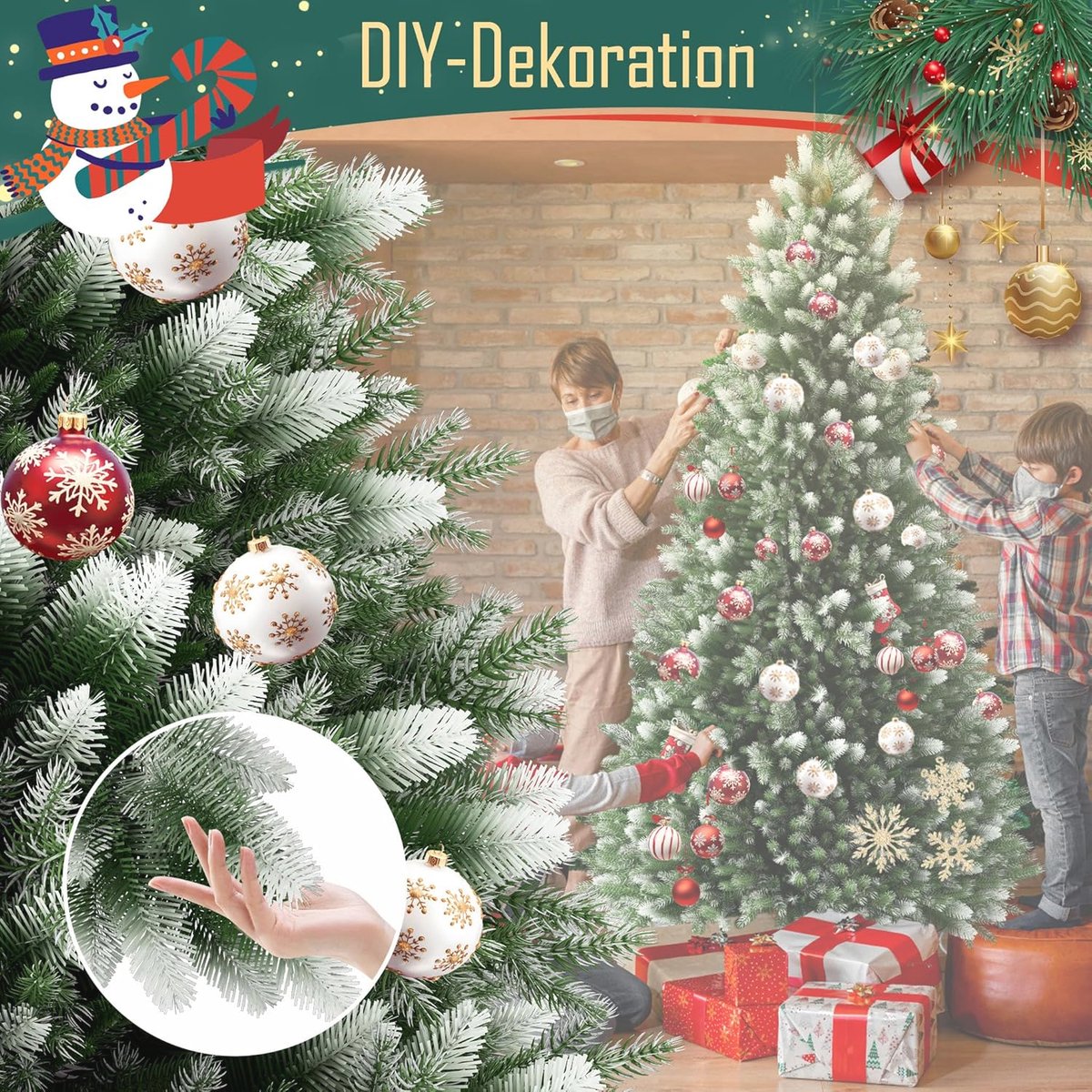 Kunstkerstboom 210 cm met verlichting en houten sokkel