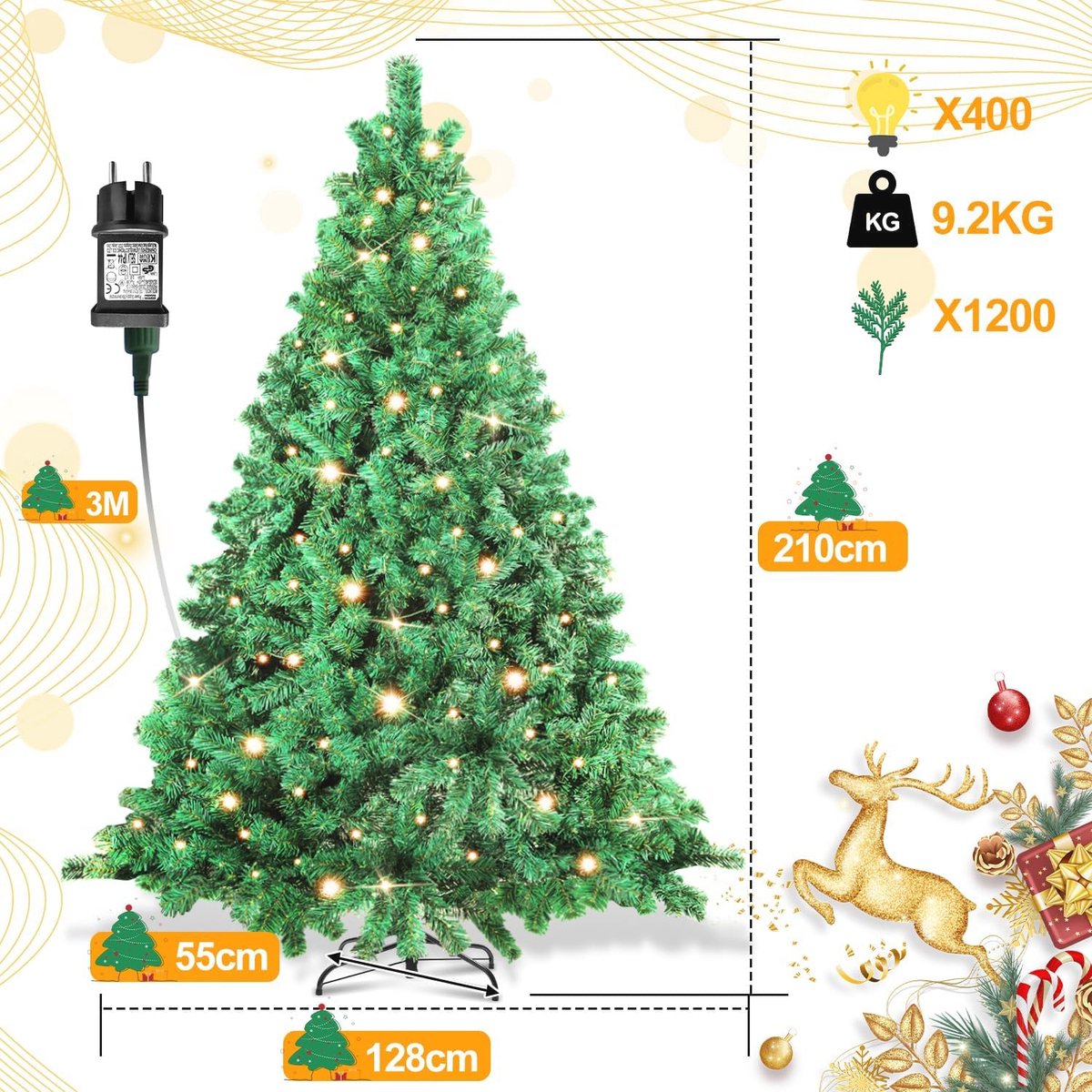 Kunstkerstboom 210 cm met Verlichting Warm Wit