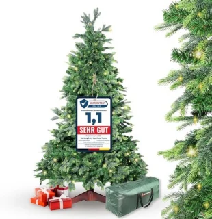 Kunstkerstboom 210 cm met warme ledverlichting en houten standaard