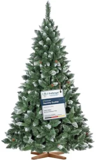 Kunstkerstboom 220 cm besneeuwd met dennenappels en essenhouten standaard