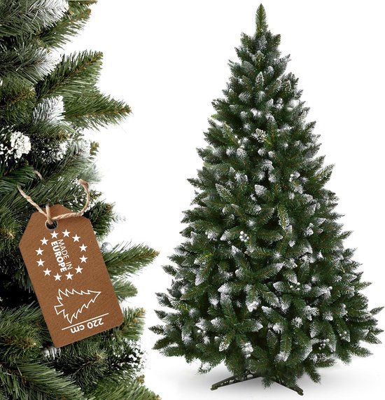 Kunstkerstboom 220 cm met besneeuwde takken en zilveren decoraties