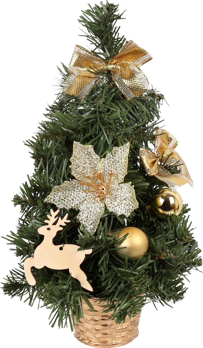 Kunstkerstboom 30cm met gouden ornamenten in pot