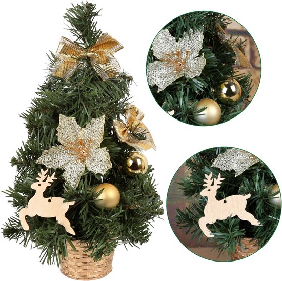 Kunstkerstboom 30cm met gouden ornamenten in pot