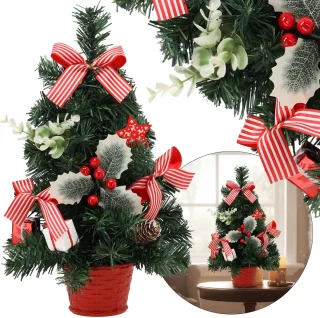 Kunstkerstboom 40 cm rood met hulst in pot
