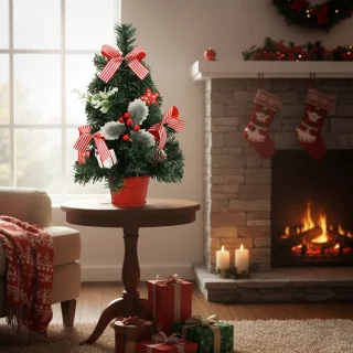 Kunstkerstboom 40 cm rood met hulst in pot