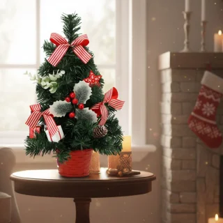 Kunstkerstboom 40 cm rood met hulst in pot