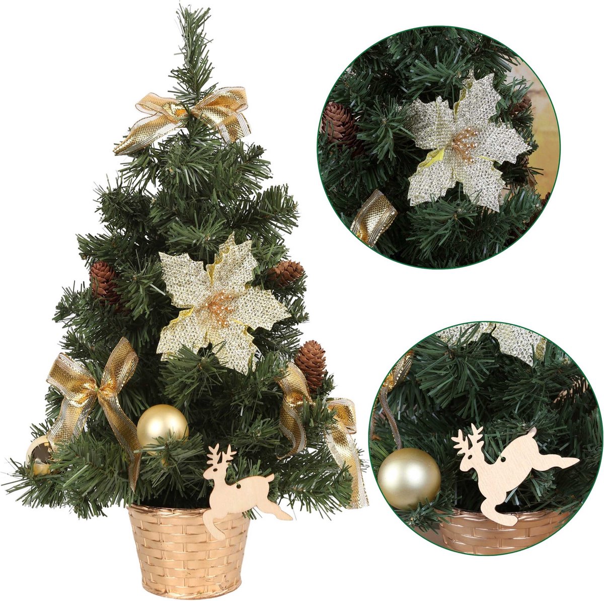 Kunstkerstboom 50cm met gouden ornamenten in pot