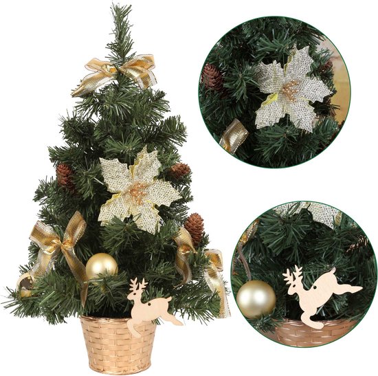 Kunstkerstboom 50cm met gouden ornamenten in pot