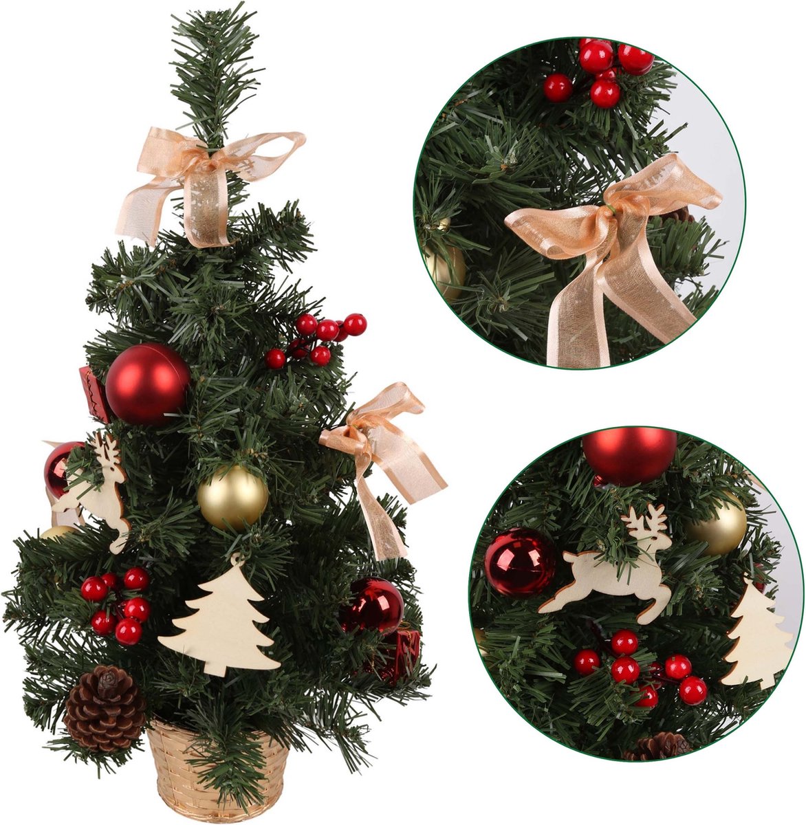 Kunstkerstboom 50cm met rode ornamenten in pot