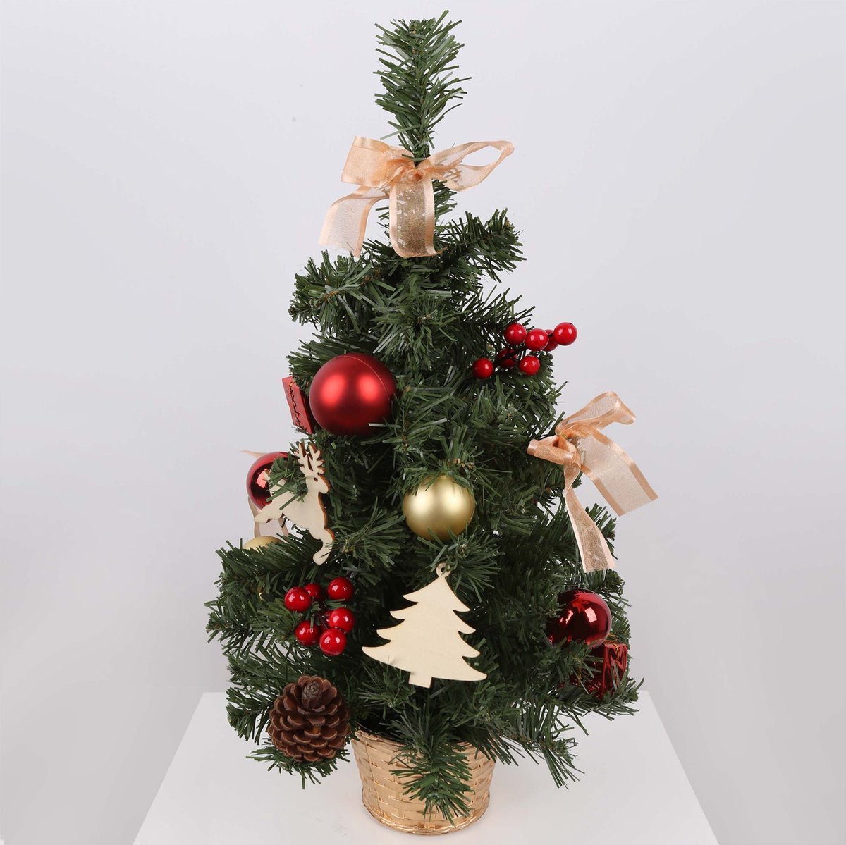 Kunstkerstboom 50cm met rode ornamenten in pot