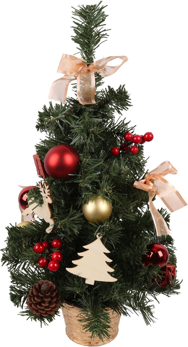 Kunstkerstboom 50cm met rode ornamenten in pot