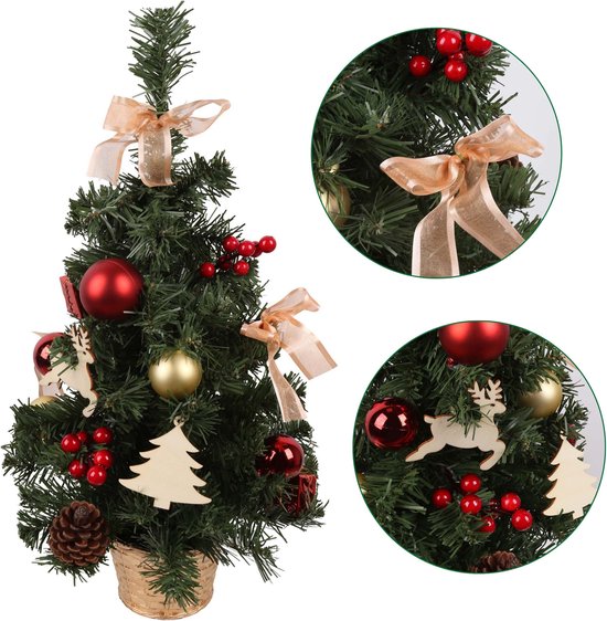 Kunstkerstboom 50cm met rode ornamenten in pot