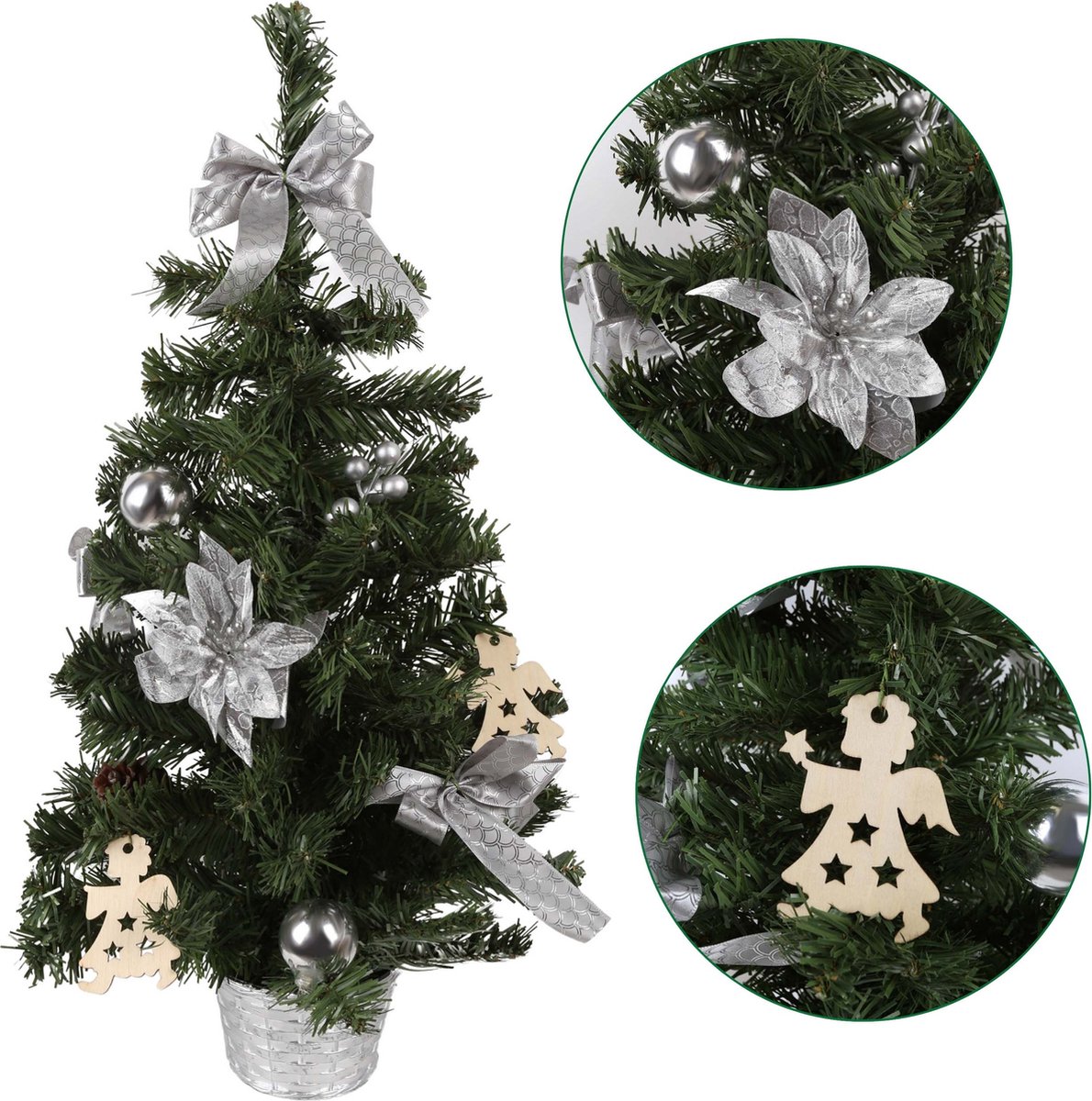 Kunstkerstboom 60cm in pot met zilveren ornamenten