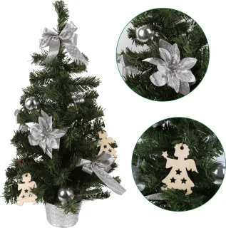 Kunstkerstboom 60cm in pot met zilveren ornamenten