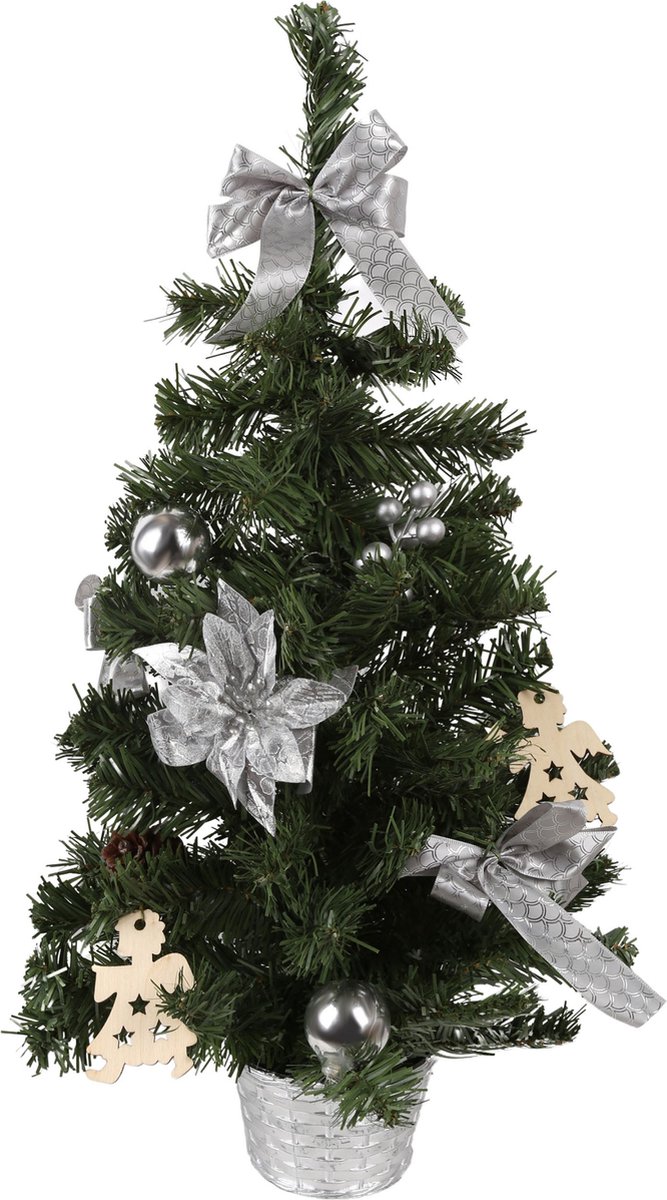 Kunstkerstboom 60cm in pot met zilveren ornamenten