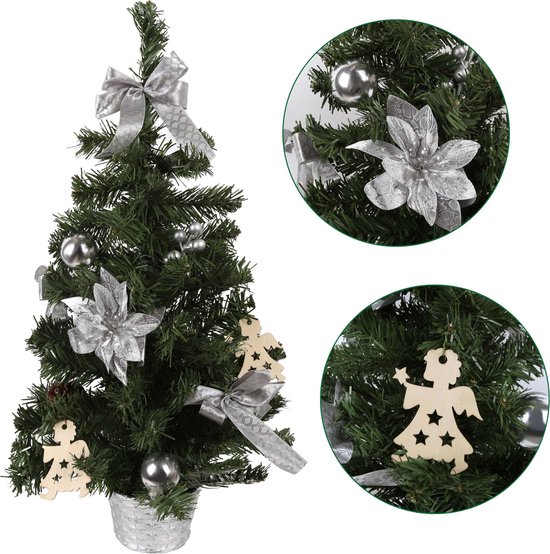 Kunstkerstboom 60cm in pot met zilveren ornamenten