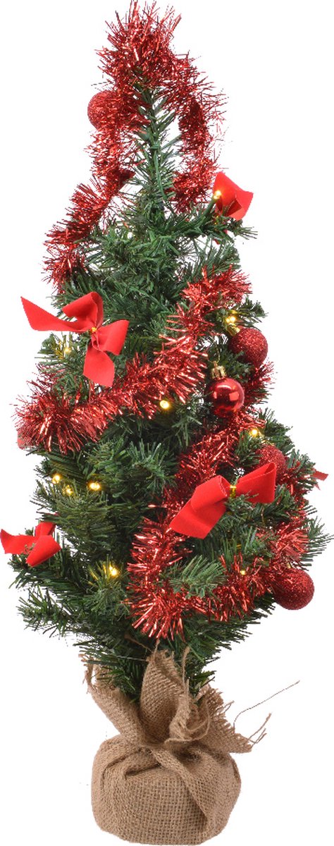 Kunstkerstboom 60CM met rode versiering en micro LED lampjes op batterijen
