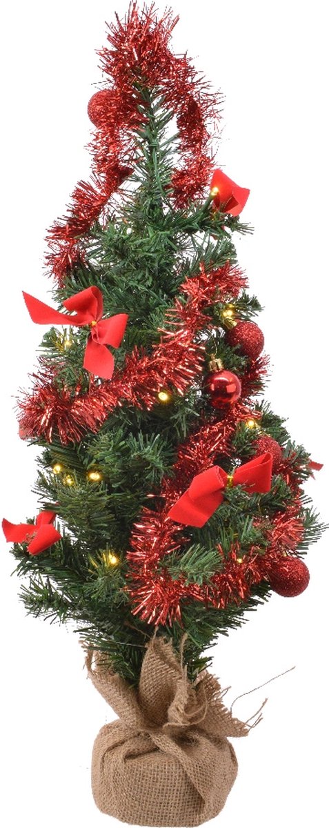 Kunstkerstboom 60CM met rode versiering en micro LED lampjes op batterijen