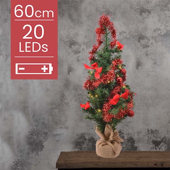 Kunstkerstboom 60CM met rode versiering en micro LED lampjes op batterijen