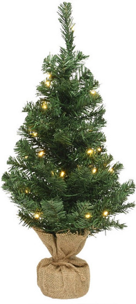 Kunstkerstboom groen 60 cm met verlichting en jute pot