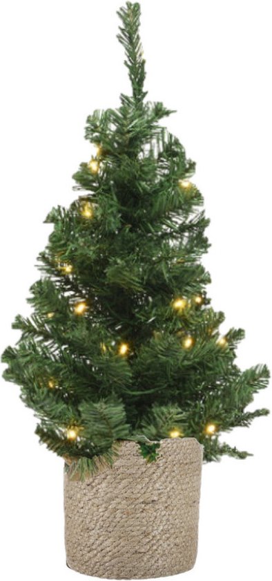 Kunstkerstboom groen 60 cm met verlichting en jute pot