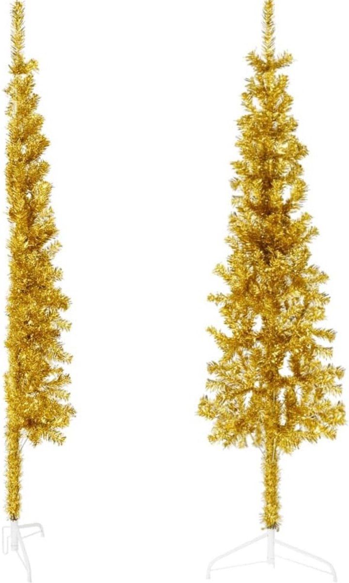 Kunstkerstboom half smal 180 cm goud met standaard