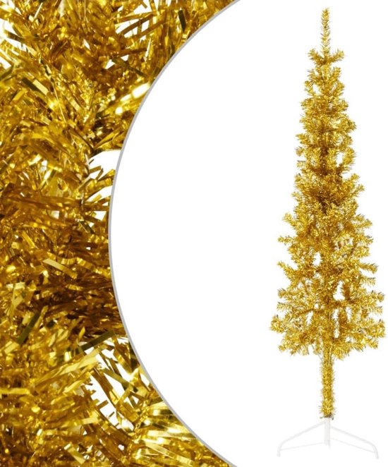 Kunstkerstboom half smal 180 cm goud met standaard