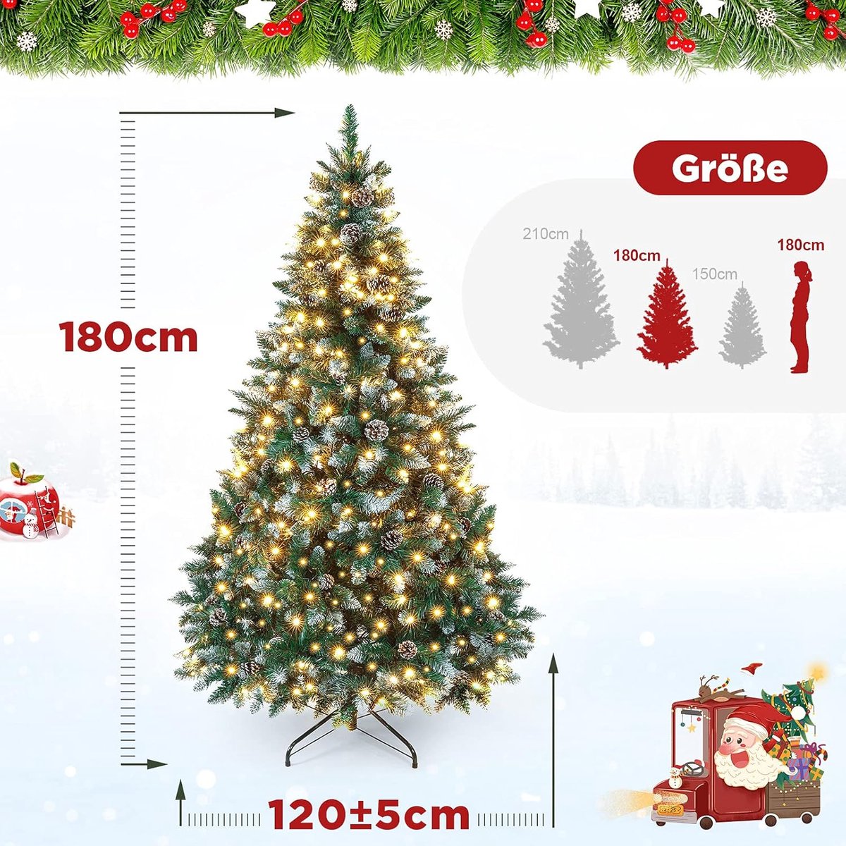kunstkerstboom LED sneeuw 180cm met dennenappels