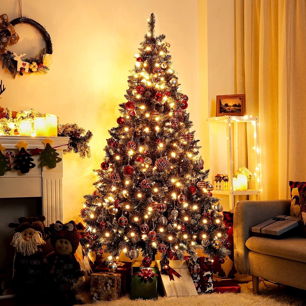 kunstkerstboom LED sneeuw 180cm met dennenappels