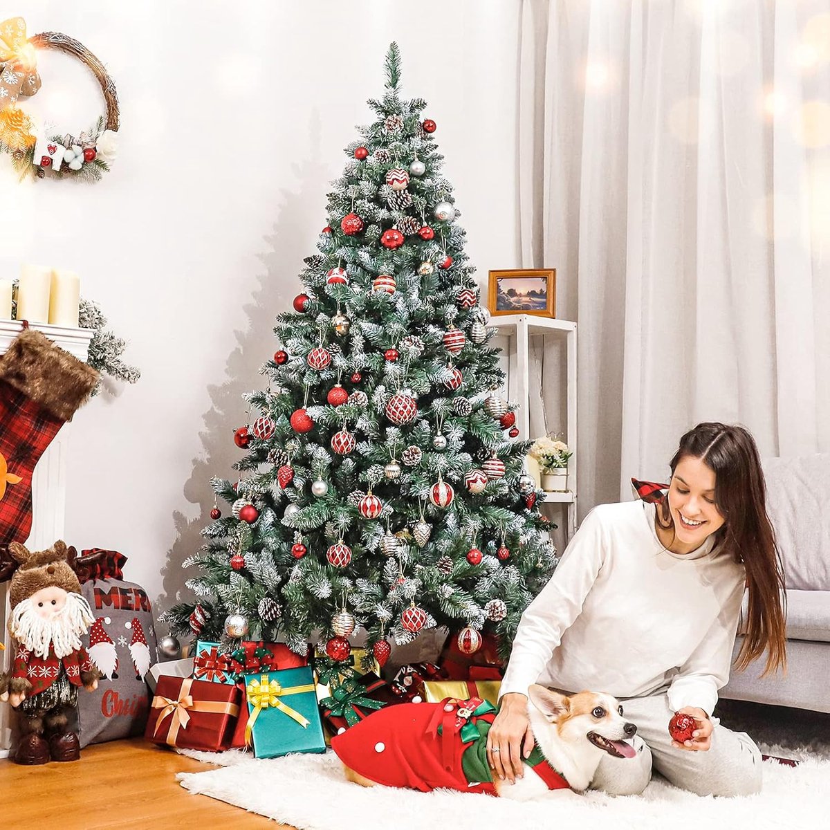 kunstkerstboom LED sneeuw 180cm met dennenappels