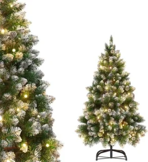 Kunstkerstboom met 350 warmwitte led-lampjes, sneeuweffect en dennenappels