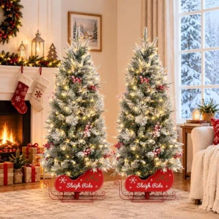 Kunstkerstboom met slee onderstel, set van 2 stuks