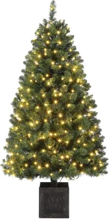 Kunstkerstboom met sneeuw-effect, rode bessen, dennenappels en sneeuwvlok lichtbak