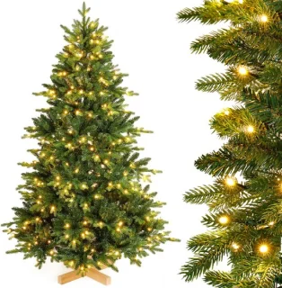 Kunstkerstboom met verlichting en houten stand