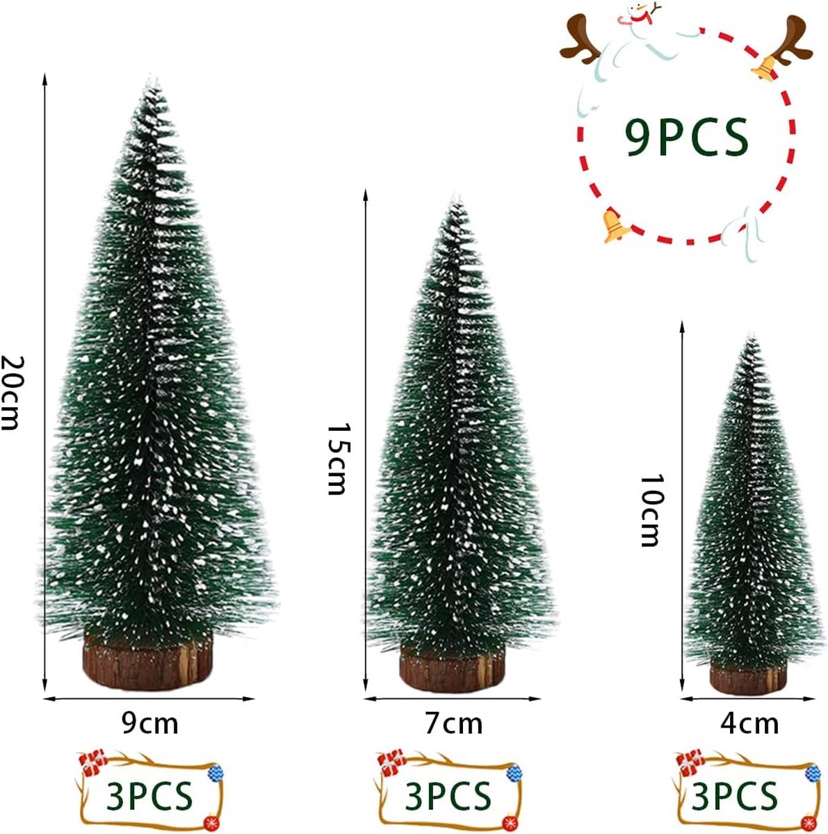 kunstkerstboom mini dennenboom met houten sokkel 10-20 cm set van 9
