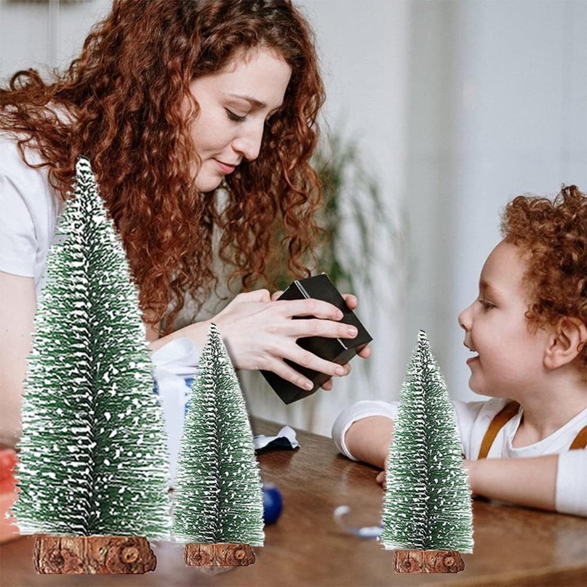 kunstkerstboom mini dennenboom met houten sokkel 10-20 cm set van 9