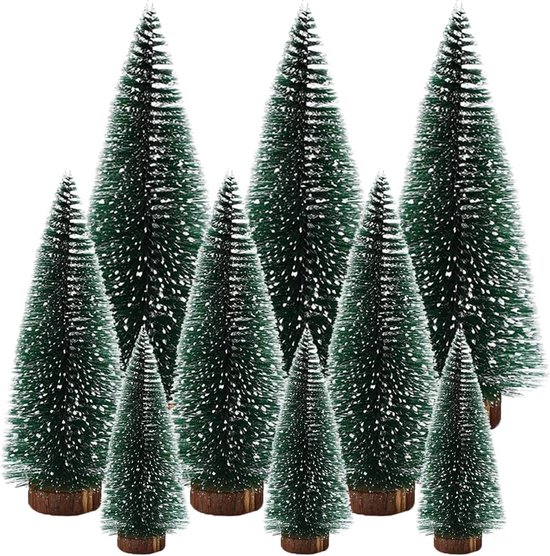 kunstkerstboom mini dennenboom met houten sokkel 10-20 cm set van 9