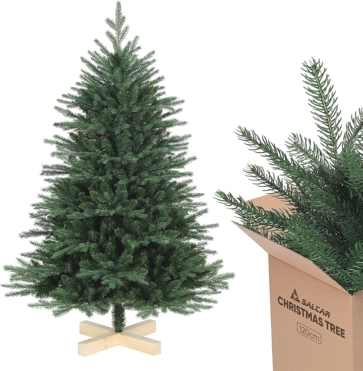 Kunstkerstboom Nordmann 120 cm met houten standaard