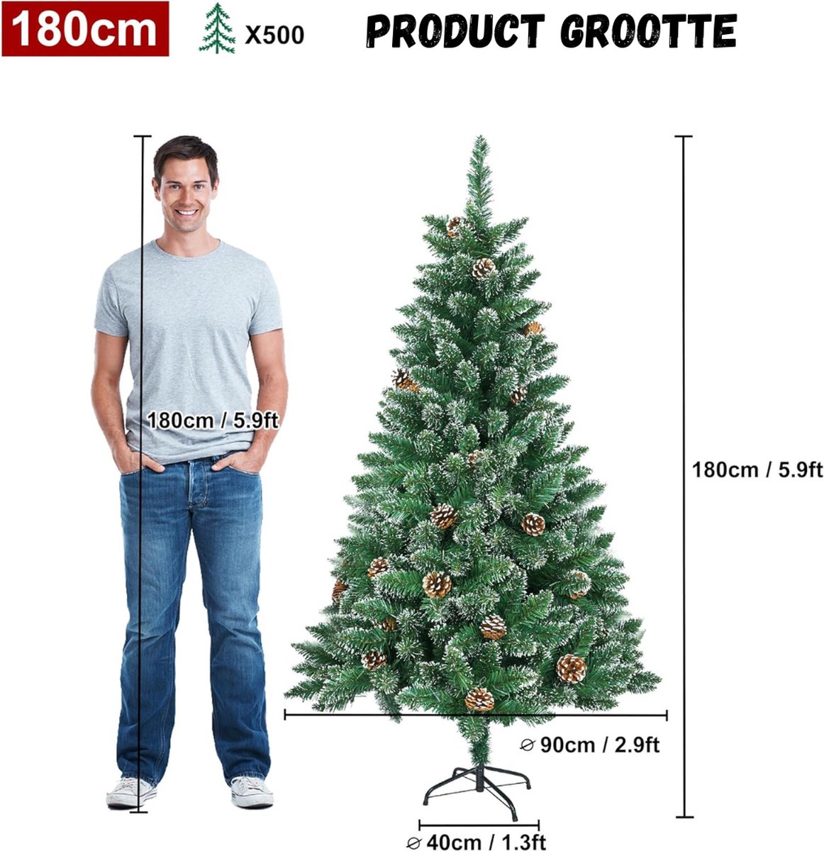 Kunstkerstboom PVC 180 cm Sneeuweffect Dennenappels