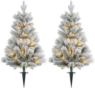 Kunstkerstboom – Set Van 2 – Traditionele Kerstboom – Winterdecoratie – Feestelijke Boom – 107 Cm Hoog – Brandveilig Materiaal – Groen/Wit Met Dennenappels En Rode Bessen