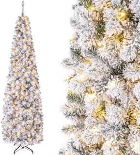 Kunstkerstboom smal met sneeuw en ledverlichting 225 cm groen