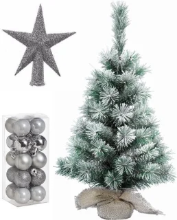 Kunstkerstboom sneeuw 35 cm jute zak zilver 21-delig